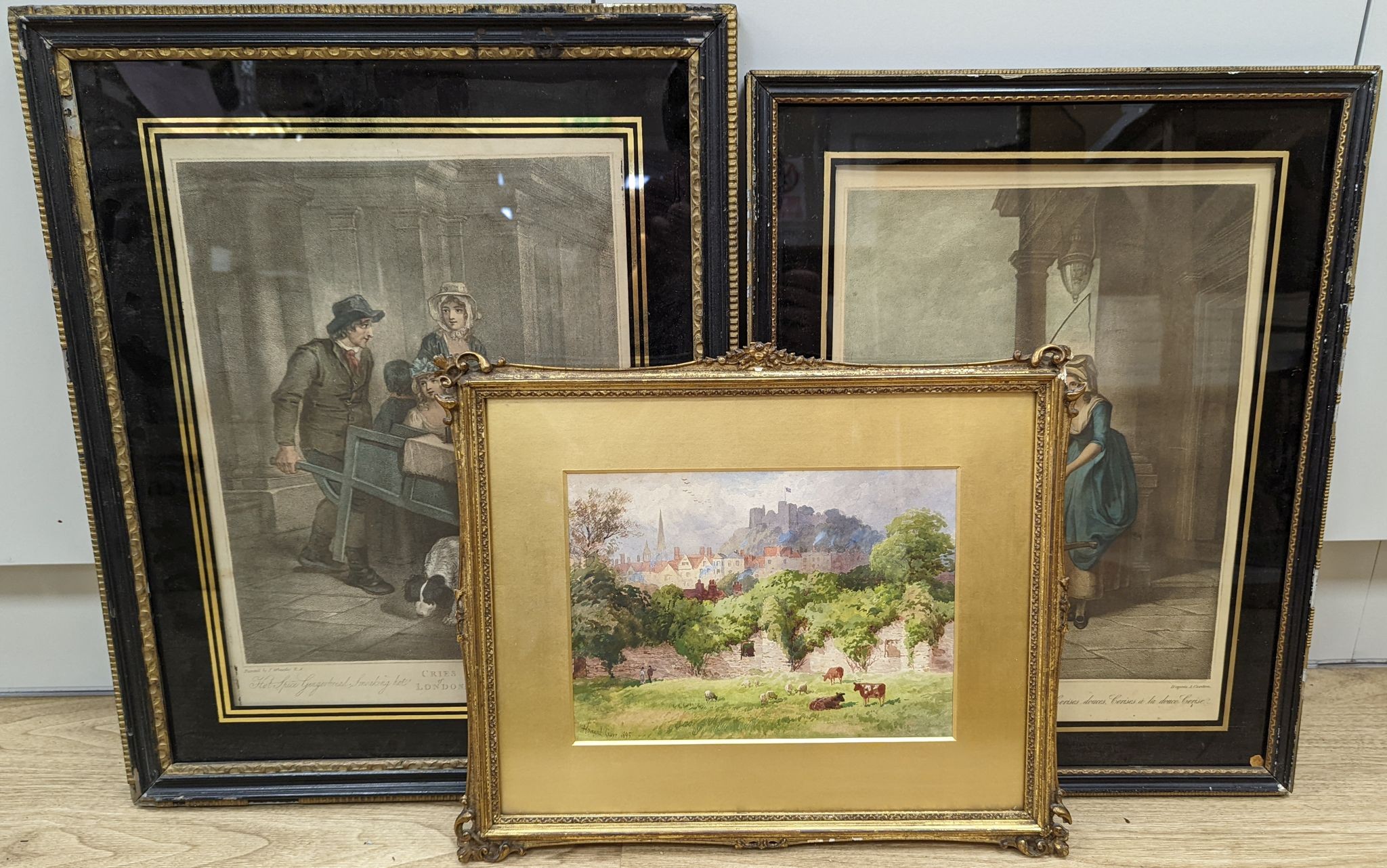 Howard Gaye (1849-1925), watercolour, Lewes Castle, signed and dated 1895, 19 x 26cm, and two eglomise glazed Cries of London